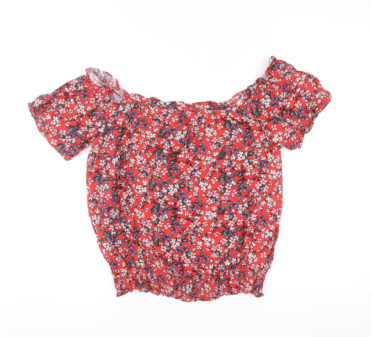 Oasis Womens Red Floral Viscose Cropped Blouse Size 8 Off the Shoulder