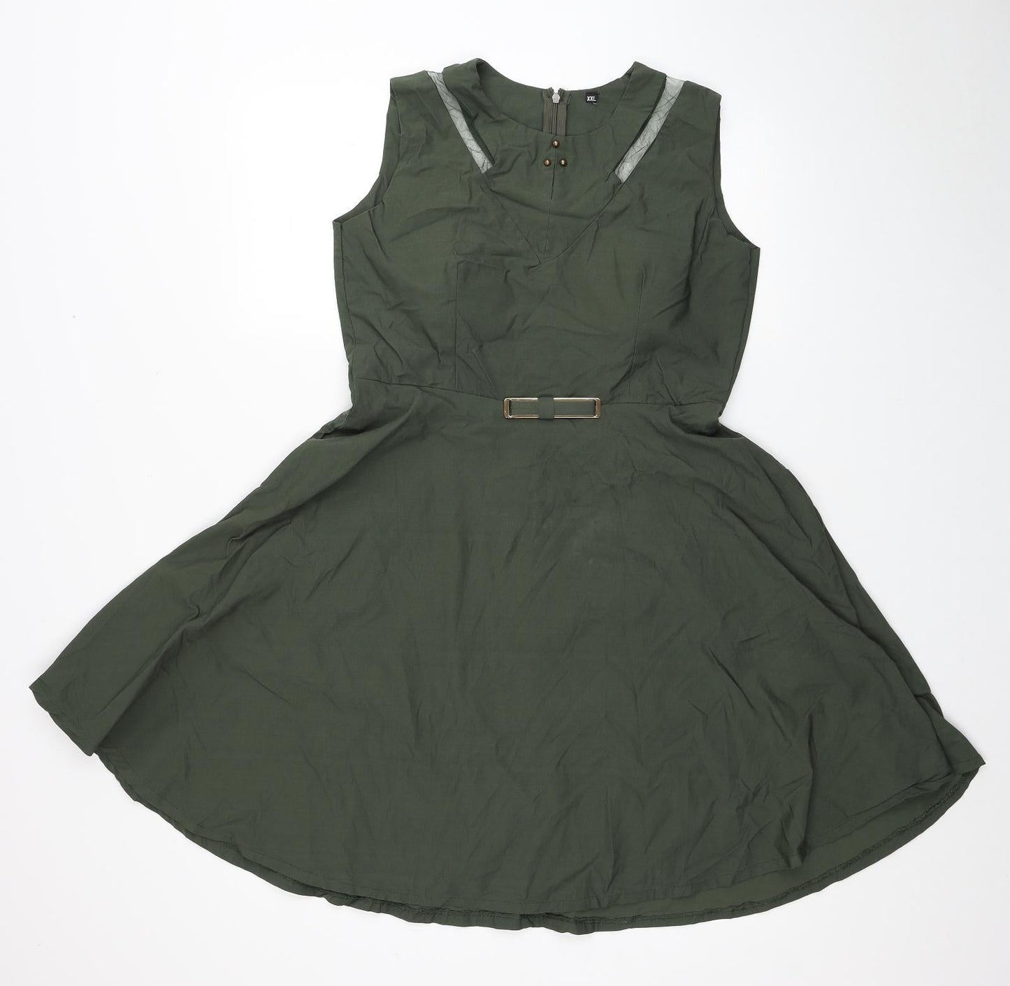 Preworn Womens Green Cotton Fit & Flare Size 2XL Round Neck Zip - Mesh Detail