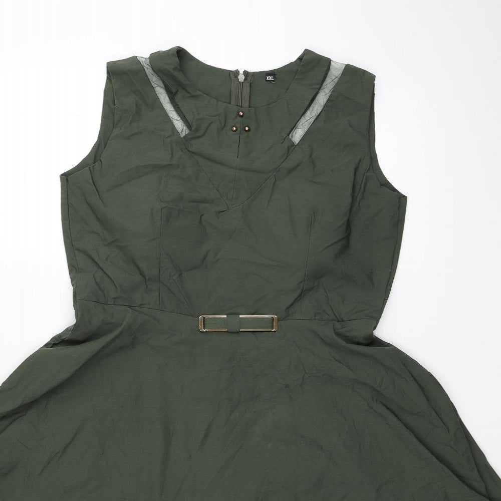 Preworn Womens Green Cotton Fit & Flare Size 2XL Round Neck Zip - Mesh Detail