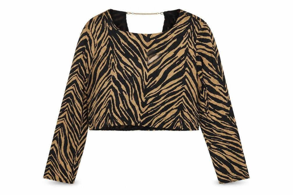 Zara Womens Black Animal Print Polyester Cropped Blouse Size M Round Neck - Tiger Print