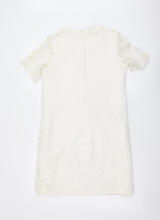 River Island Womens Ivory Geometric Polyester A-Line Size 8 Round Neck Zip