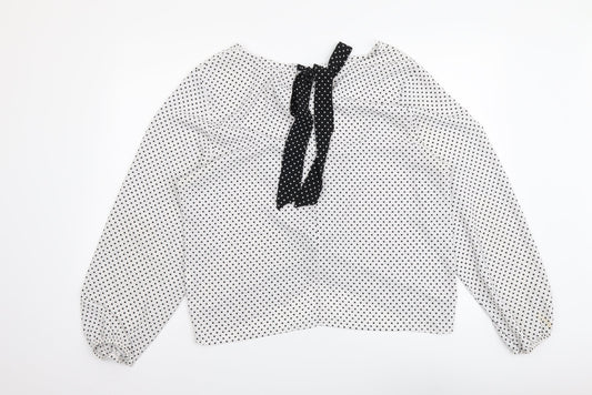 Ashua Womens White Polka Dot Polyester Basic Blouse Size L Round Neck