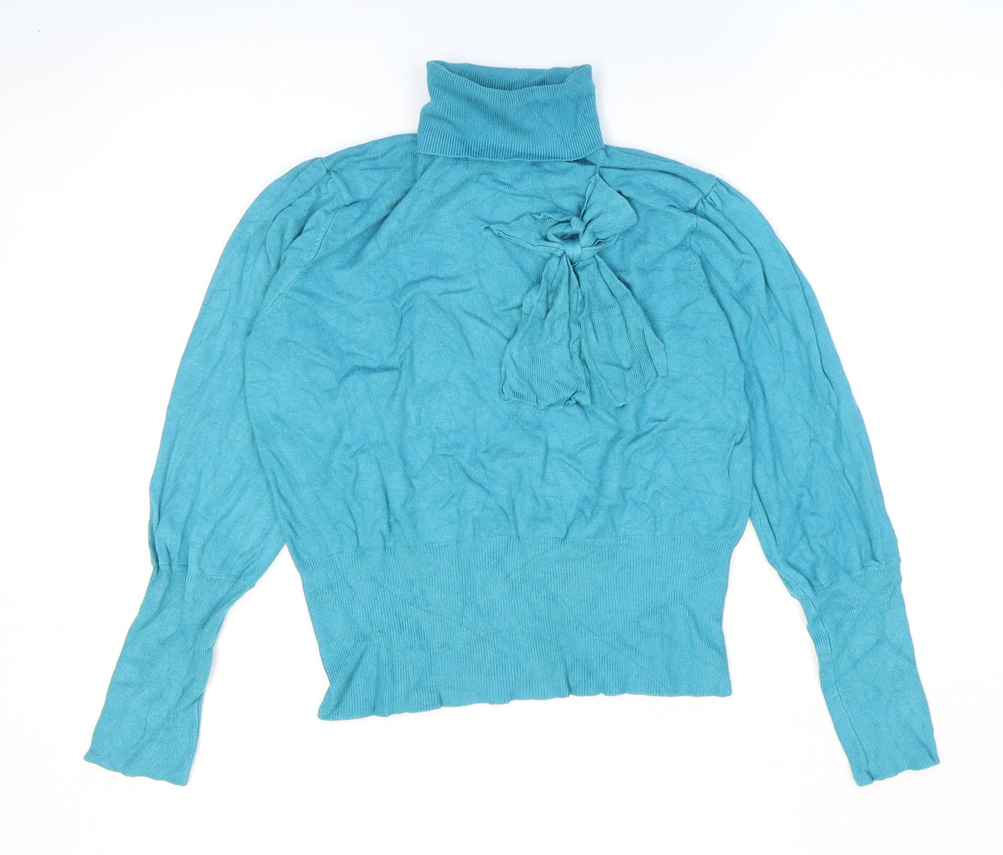 Text Womens Blue Roll Neck Viscose Pullover Jumper Size M - Ribbed