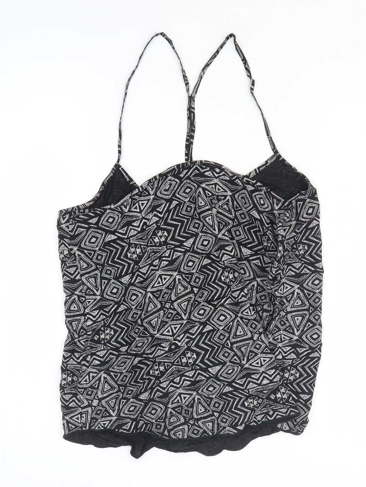 NEXT Womens Black Geometric Viscose Basic T-Shirt Size 12 Off the Shoulder