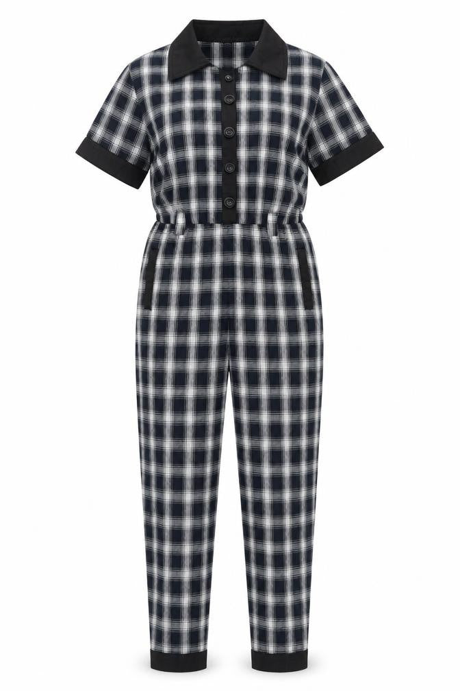 Chelsint Womens Blue Plaid 100% Cotton Jumpsuit One-Piece Size XS Button