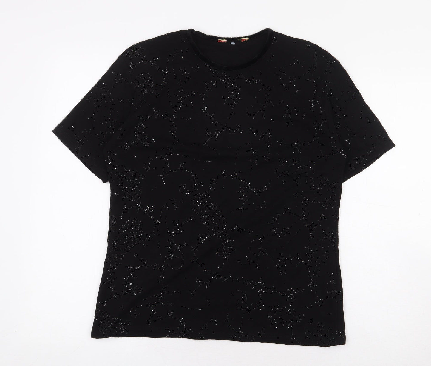 Preworn Womens Black Geometric Viscose Basic T-Shirt Size L Round Neck