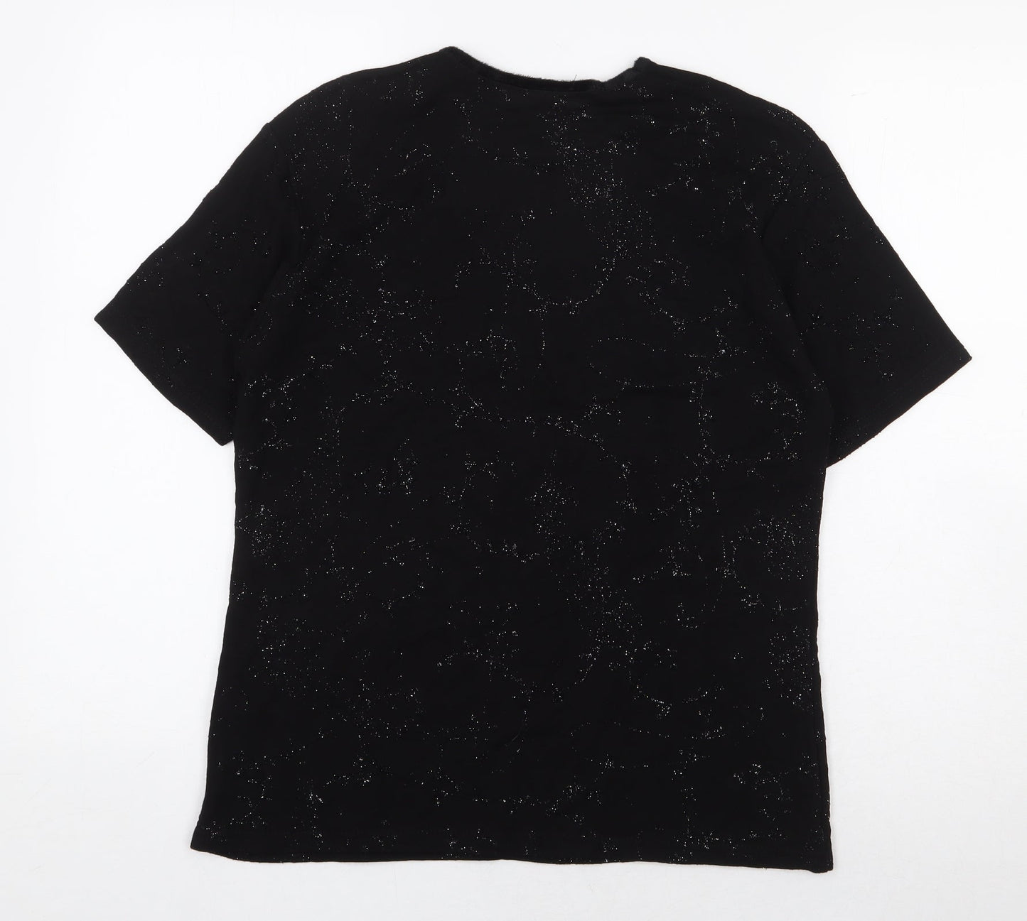 Preworn Womens Black Geometric Viscose Basic T-Shirt Size L Round Neck