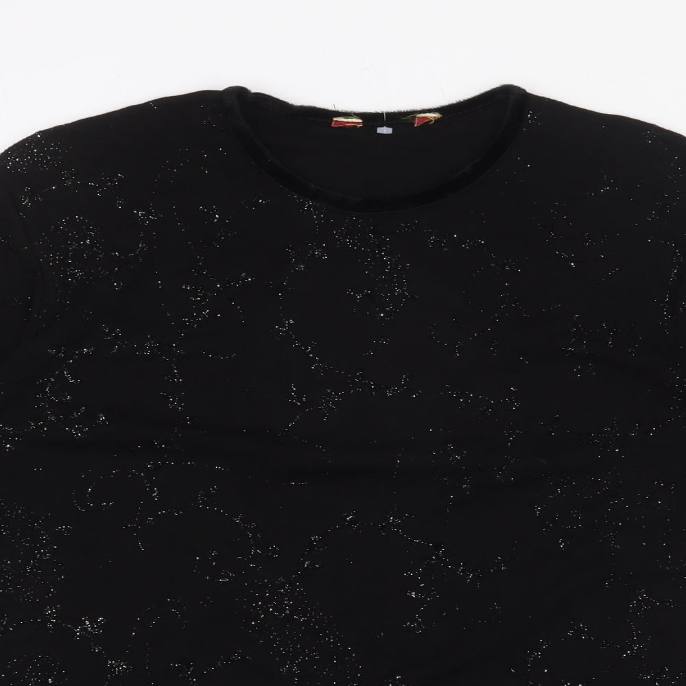 Preworn Womens Black Geometric Viscose Basic T-Shirt Size L Round Neck