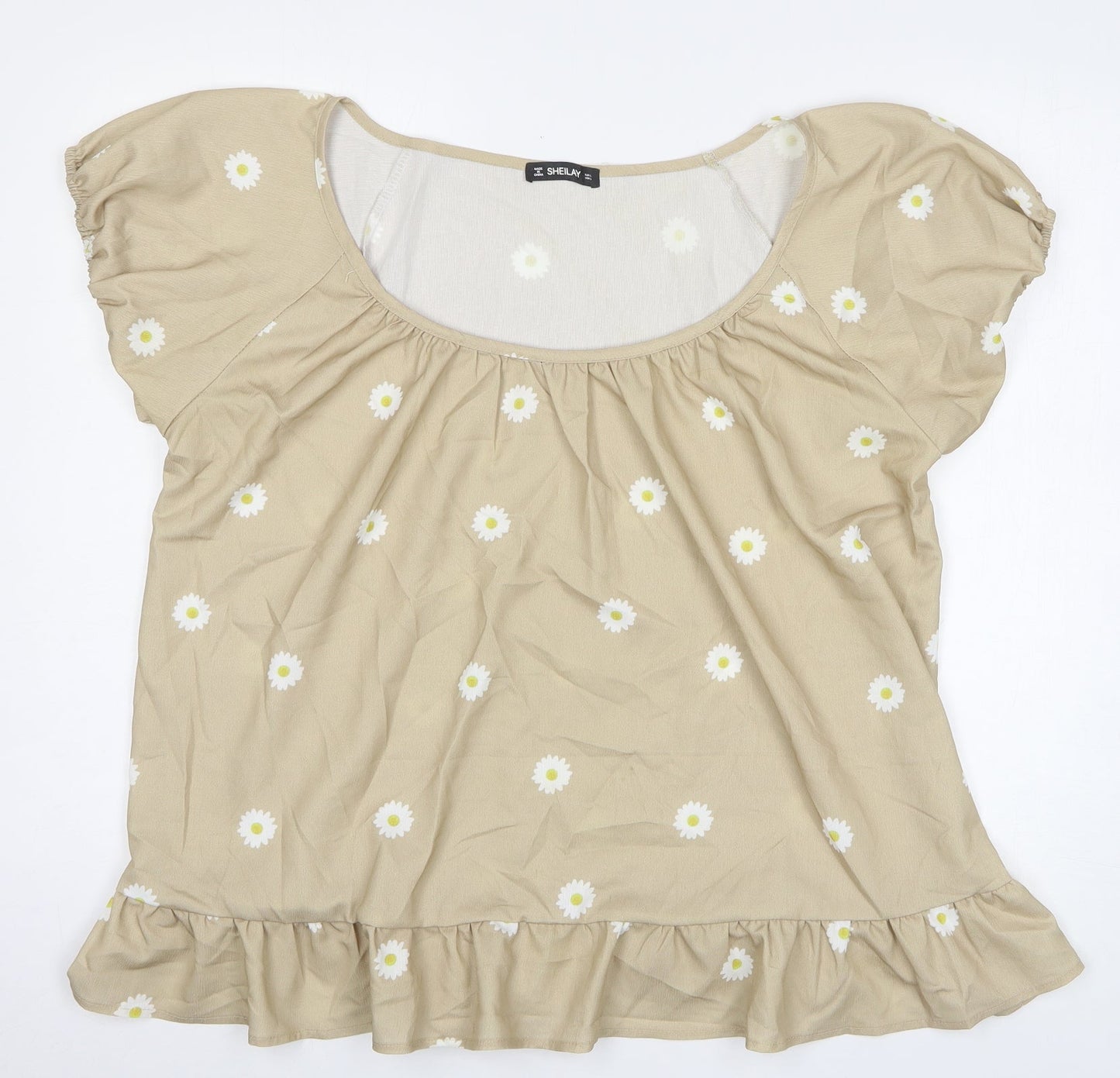 Sheilay Womens Beige Floral Polyester Basic Blouse Size L Round Neck