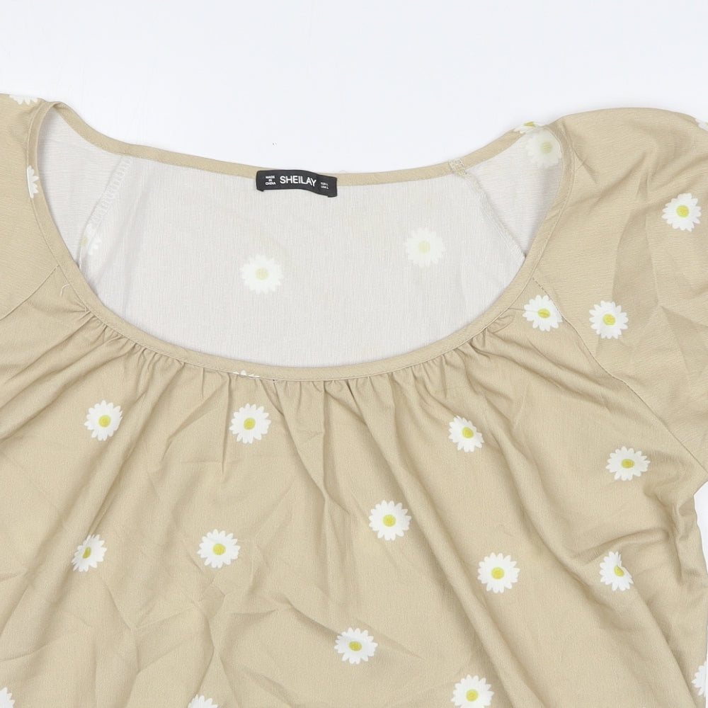Sheilay Womens Beige Floral Polyester Basic Blouse Size L Round Neck