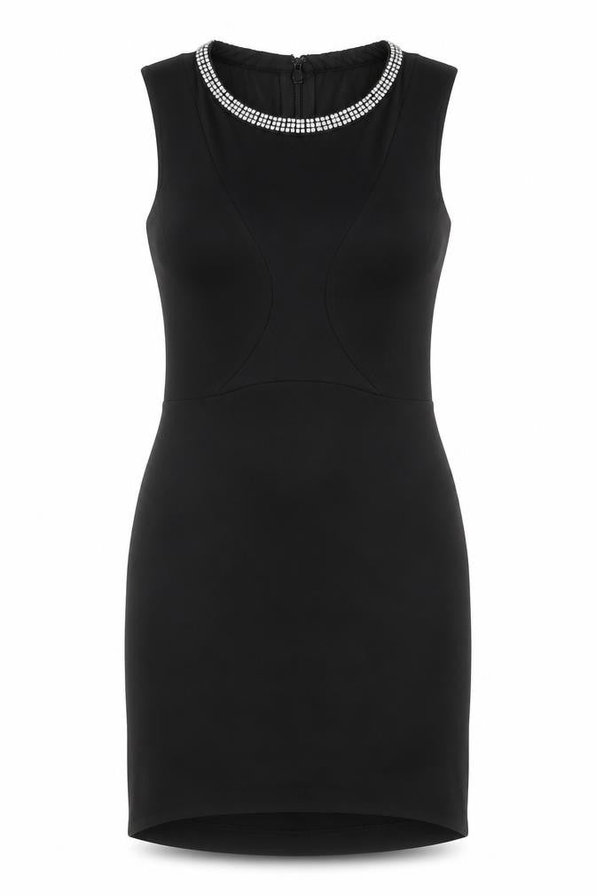 Topshop Womens Black Viscose Bodycon Size 10 Round Neck Hook & Eye - Embellished Neckline