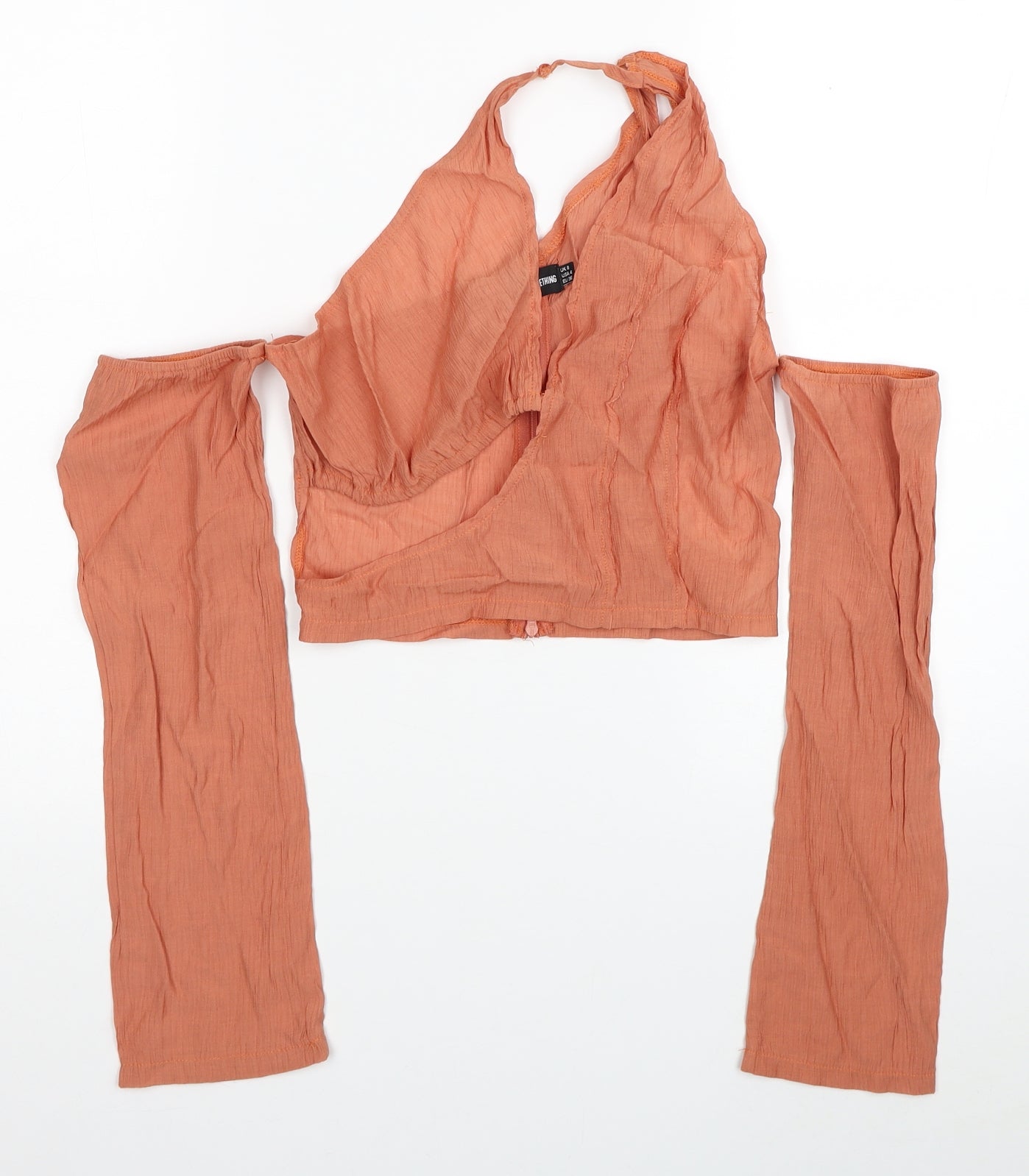 PRETTYLITTLETHING Womens Orange Viscose Cropped Blouse Size 8 V-Neck - Cold Shoulder
