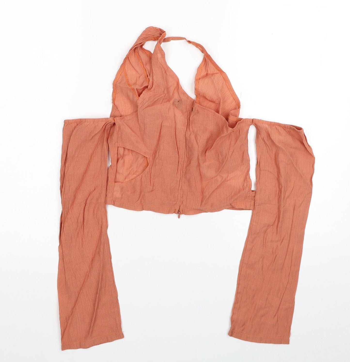 PRETTYLITTLETHING Womens Orange Viscose Cropped Blouse Size 8 V-Neck - Cold Shoulder
