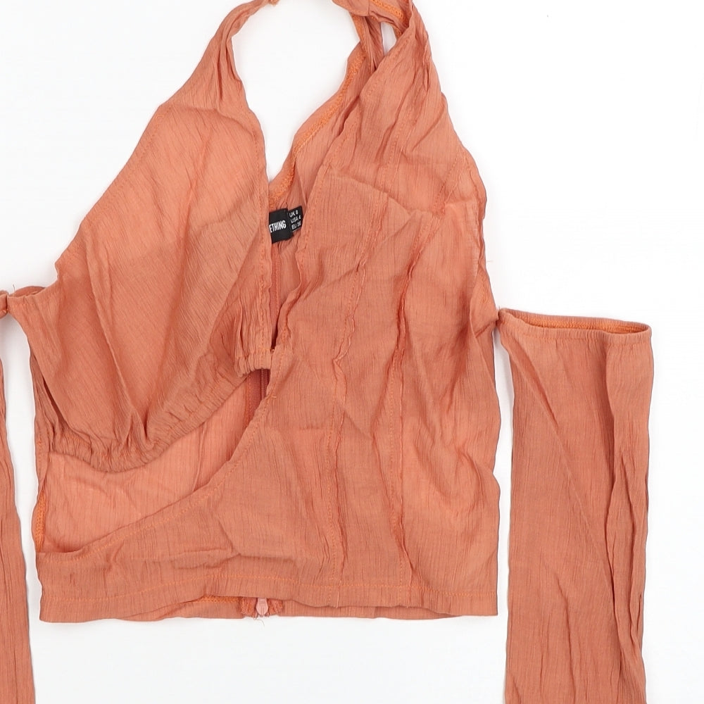 PRETTYLITTLETHING Womens Orange Viscose Cropped Blouse Size 8 V-Neck - Cold Shoulder