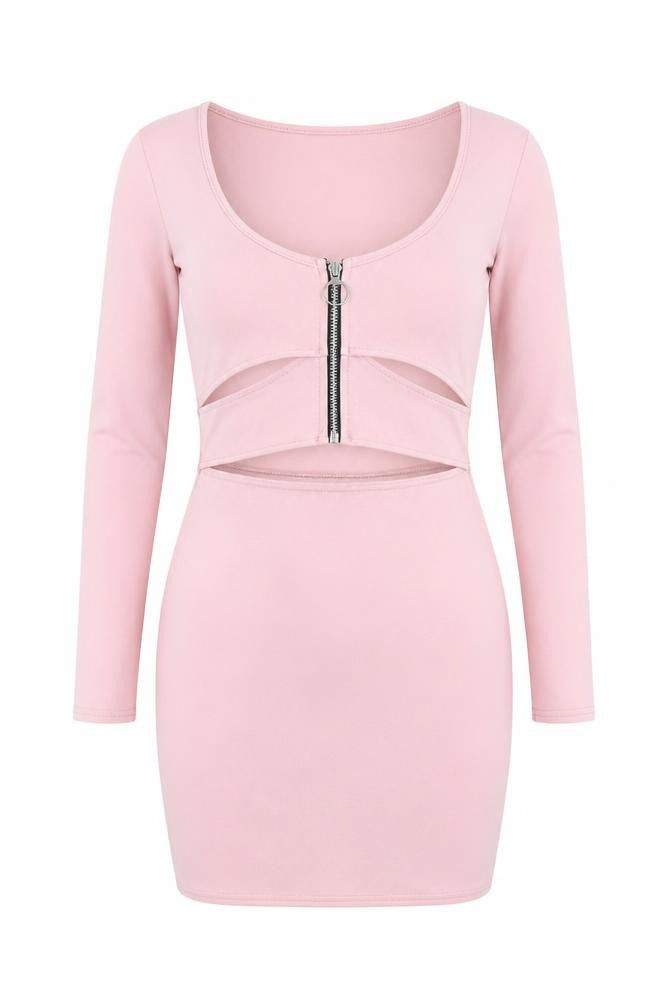 Misspap Womens Pink Polyester Bodycon Size 8 Scoop Neck Zip