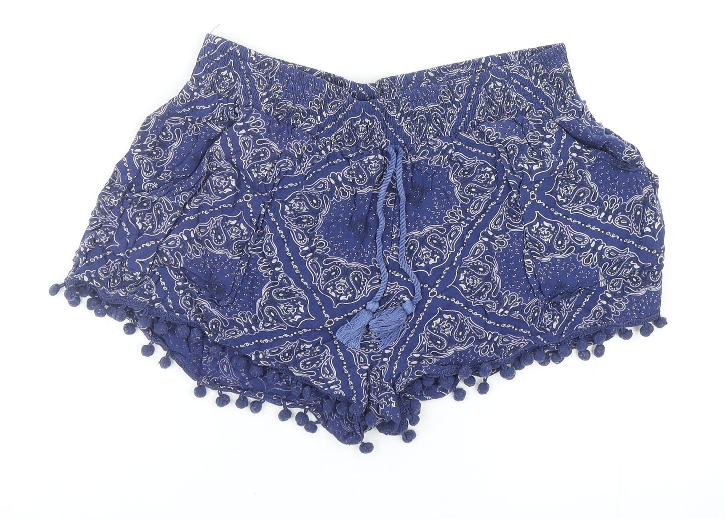 Band of Gypsies Womens Blue Paisley Viscose Sweat Shorts Size M L3 in Regular Pull On - Pom Pom Trim