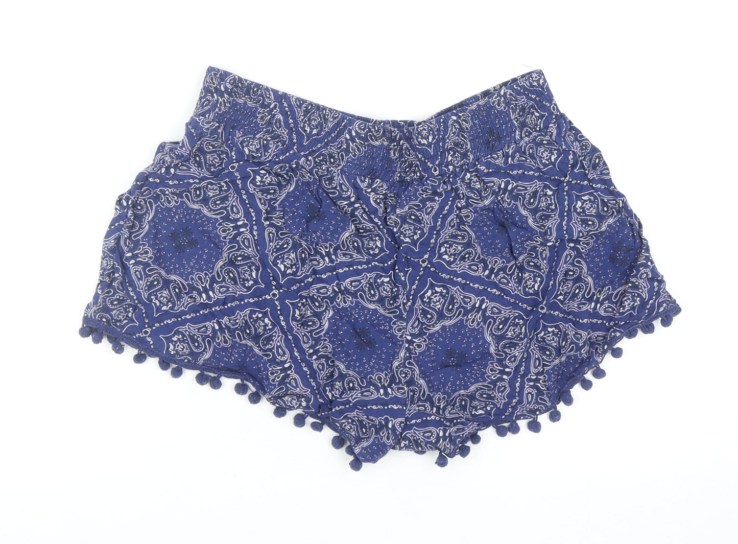 Band of Gypsies Womens Blue Paisley Viscose Sweat Shorts Size M L3 in Regular Pull On - Pom Pom Trim