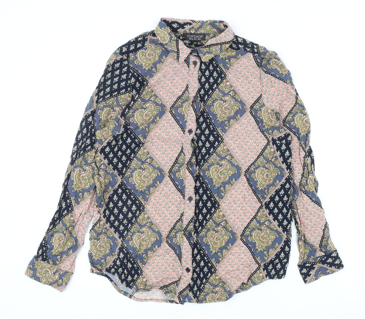 Topshop Womens Multicoloured Geometric Viscose Basic Button-Up Size 8 Collared