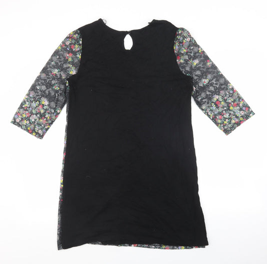 TU Woman Womens Black Floral Viscose T-Shirt Dress Size 12 Round Neck Button - Lace Overlay