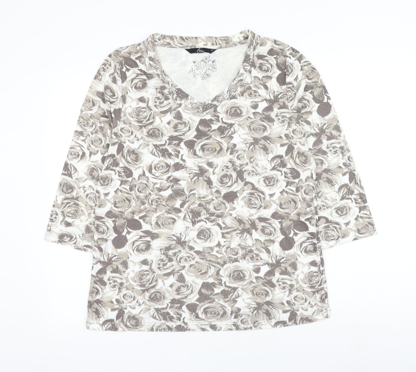 Bonmarché Womens Grey V-Neck Floral Polyester Pullover Jumper Size M