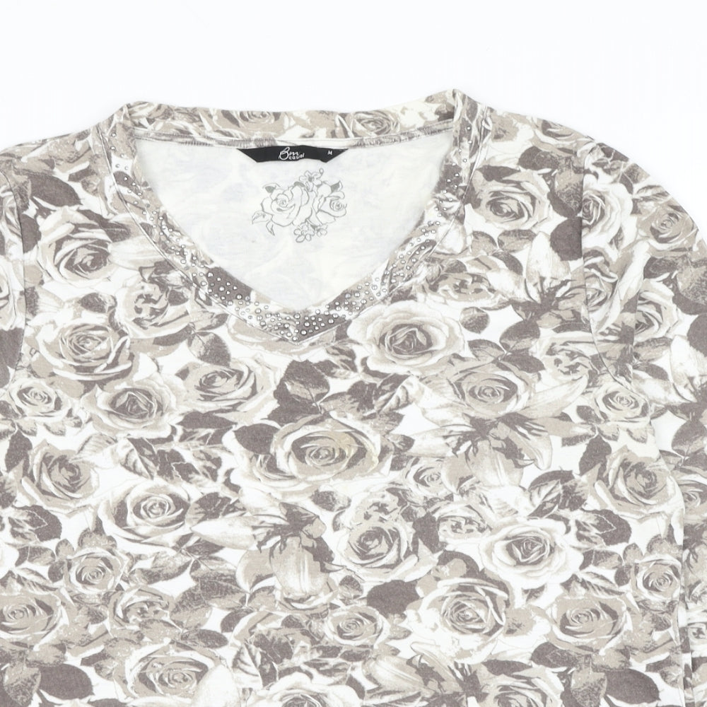 Bonmarché Womens Grey V-Neck Floral Polyester Pullover Jumper Size M