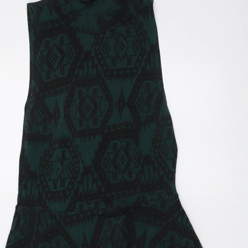 Topshop Womens Green Geometric Cotton A-Line Size 10 Mock Neck Pullover
