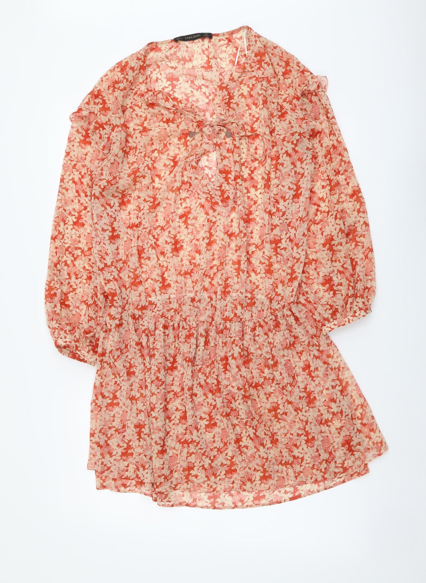 Zara Womens Red Floral Polyester A-Line Size S Round Neck Pullover