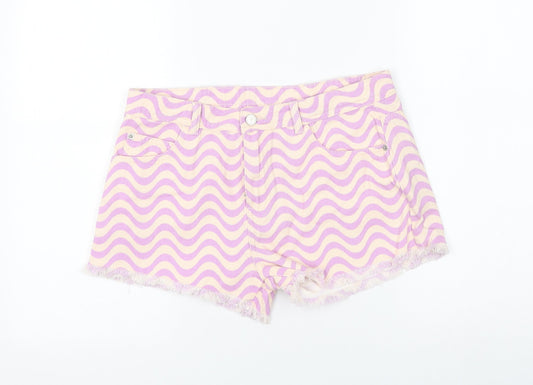 Marks and Spencer Girls Purple Geometric Cotton Mom Shorts Size 14-15 Years Regular Zip