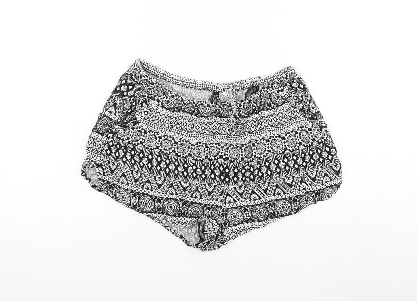 H&M Womens Black Geometric Viscose Hot Pants Shorts Size 8 L3 in Regular Drawstring