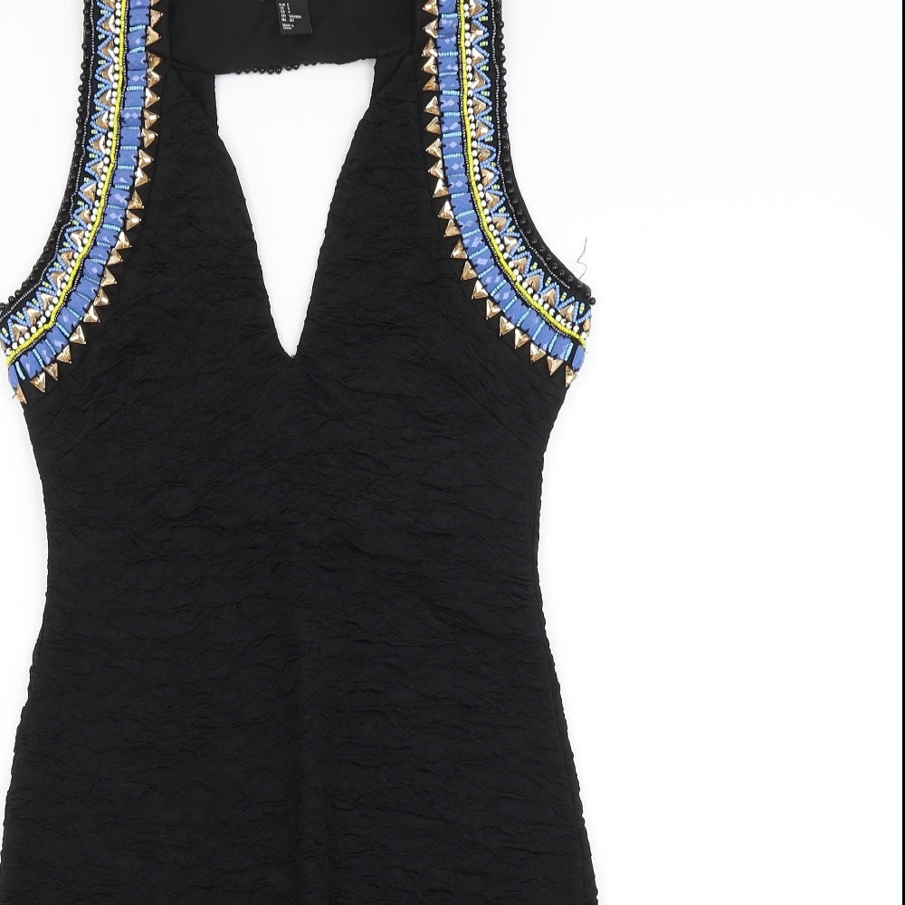 H&M Womens Black Polyester Pencil Dress Size S V-Neck Pullover