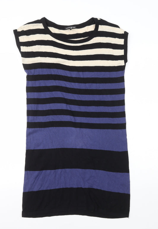 Warehouse Womens Blue Striped 100% Cotton Bodycon Size 8 Round Neck Pullover