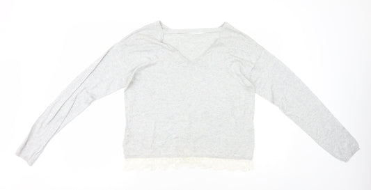 H&M Girls Grey Cotton Basic T-Shirt Size 14 Years Round Neck Pullover - Lace Trim