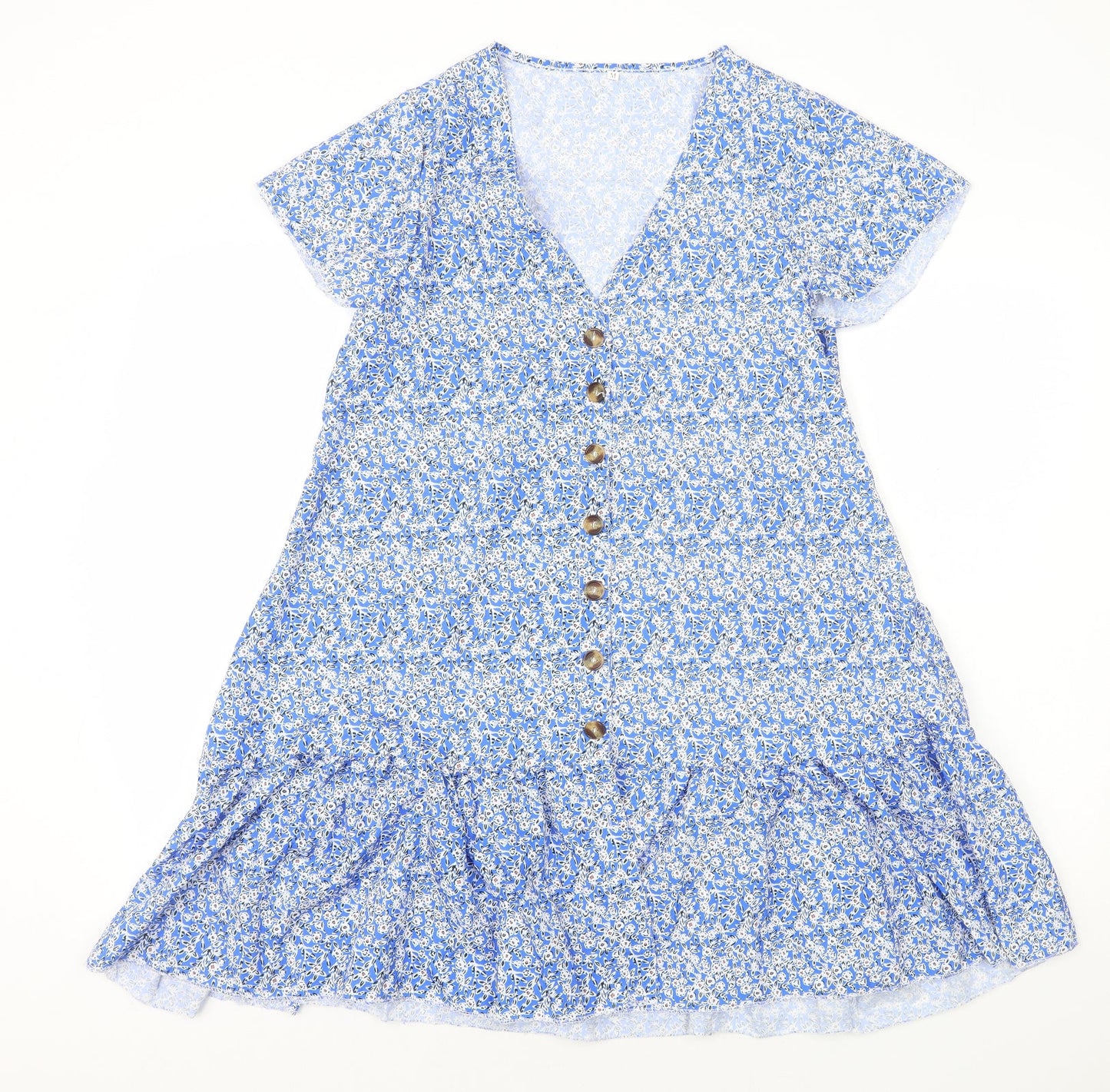 Preworn Womens Blue Geometric Polyester A-Line Size M V-Neck Button