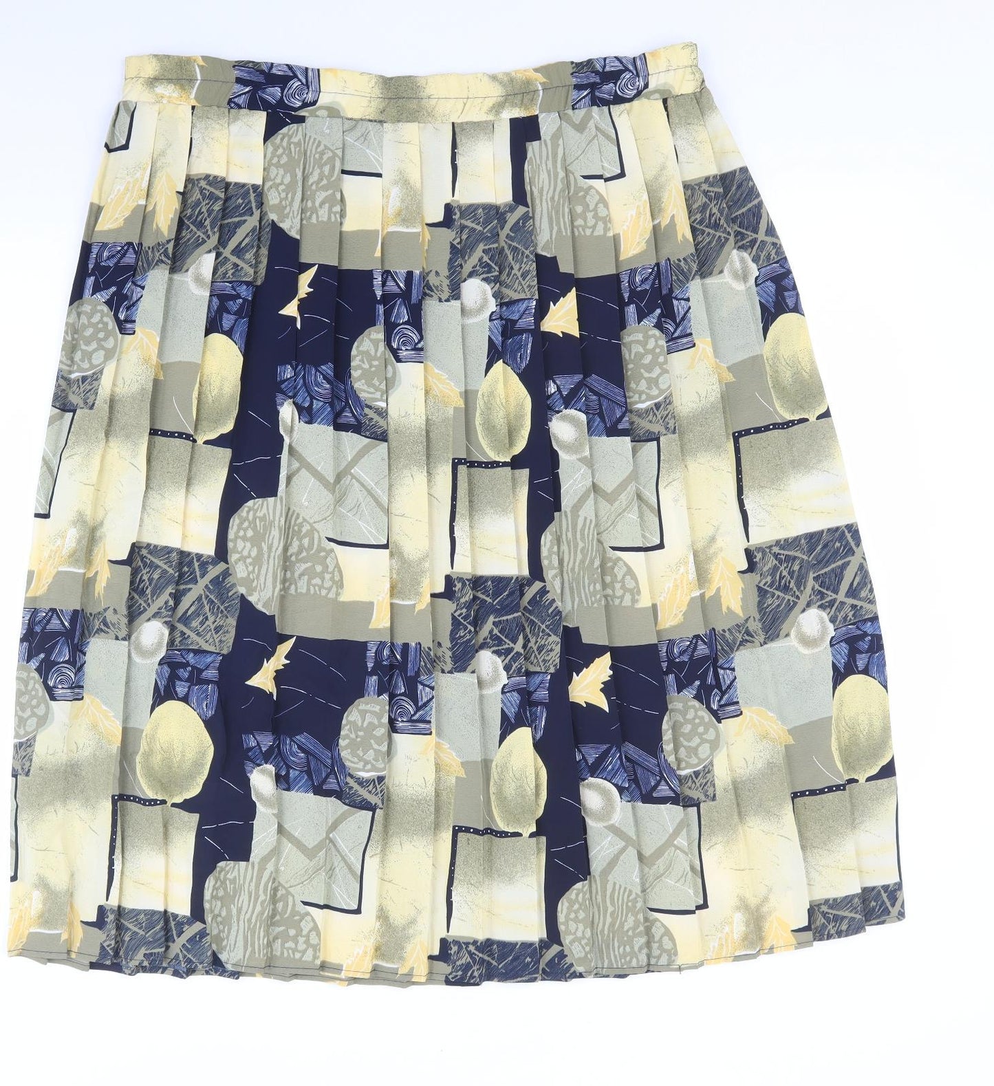 Preworn Womens Multicoloured Geometric Polyester Pleated Skirt Size L - Lemons, Leaves.