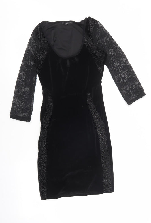 Jane Norman Womens Black Geometric Polyester Bodycon Size 6 Scoop Neck Pullover - Padded shoulders