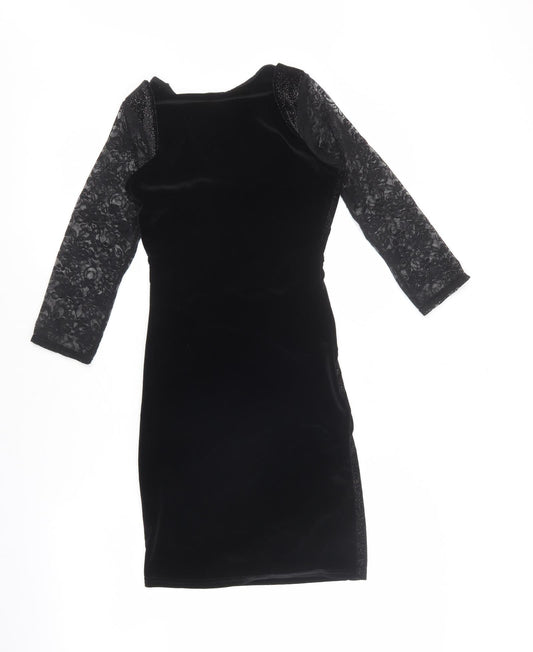 Jane Norman Womens Black Geometric Polyester Bodycon Size 6 Scoop Neck Pullover - Padded shoulders