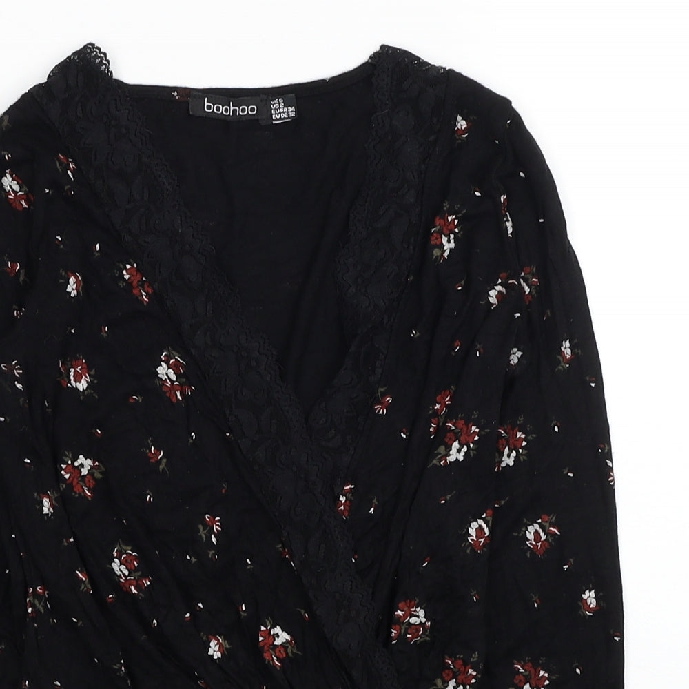 Boohoo Womens Black Fair Isle Polyester Basic Blouse Size 6 V-Neck - Lace Detail