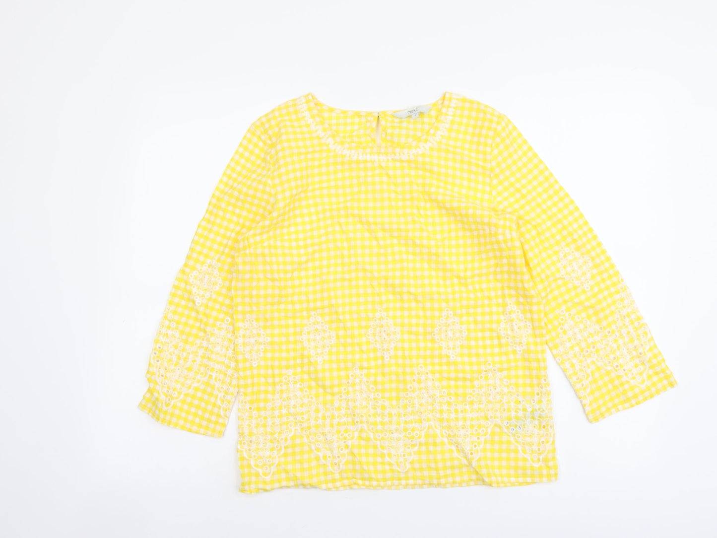 NEXT Womens Yellow Check Cotton Basic Blouse Size 6 Round Neck
