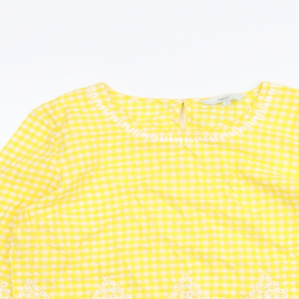 NEXT Womens Yellow Check Cotton Basic Blouse Size 6 Round Neck