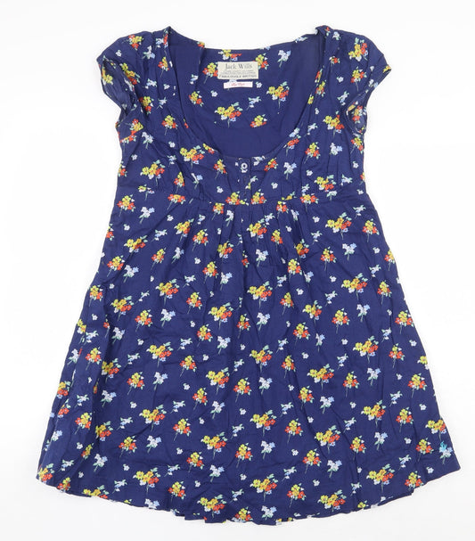 Jack Wills Womens Blue Floral 100% Cotton A-Line Size 8 Scoop Neck Button