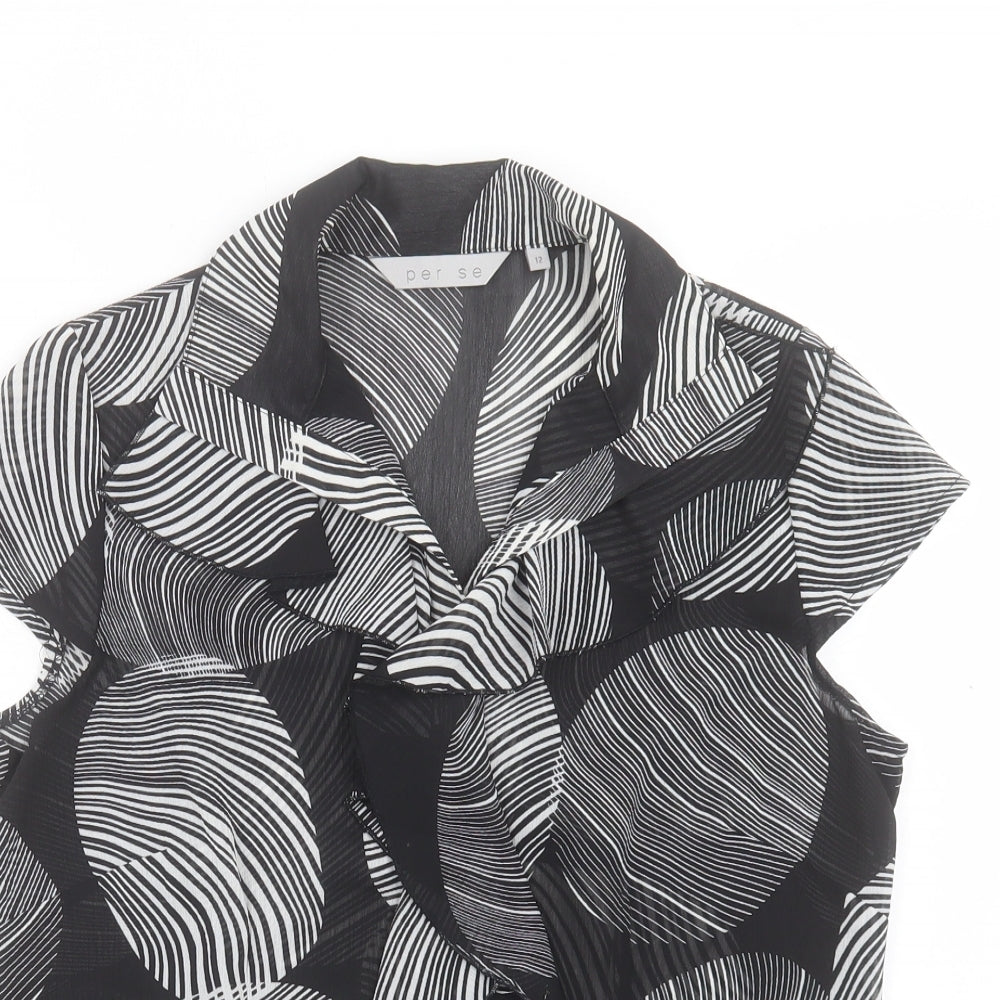 Per Se Womens Black Geometric Polyester Basic T-Shirt Size 12 V-Neck