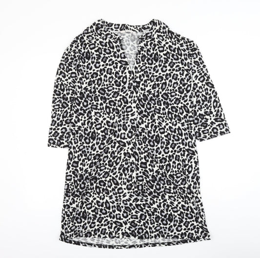 TU Womens White Animal Print Viscose Shift Size 10 V-Neck Pullover - Leopard Print