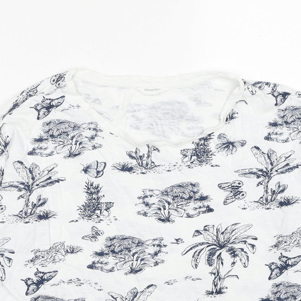 Springfield Womens White Geometric Cotton Basic T-Shirt Size L Scoop Neck - Forest Print