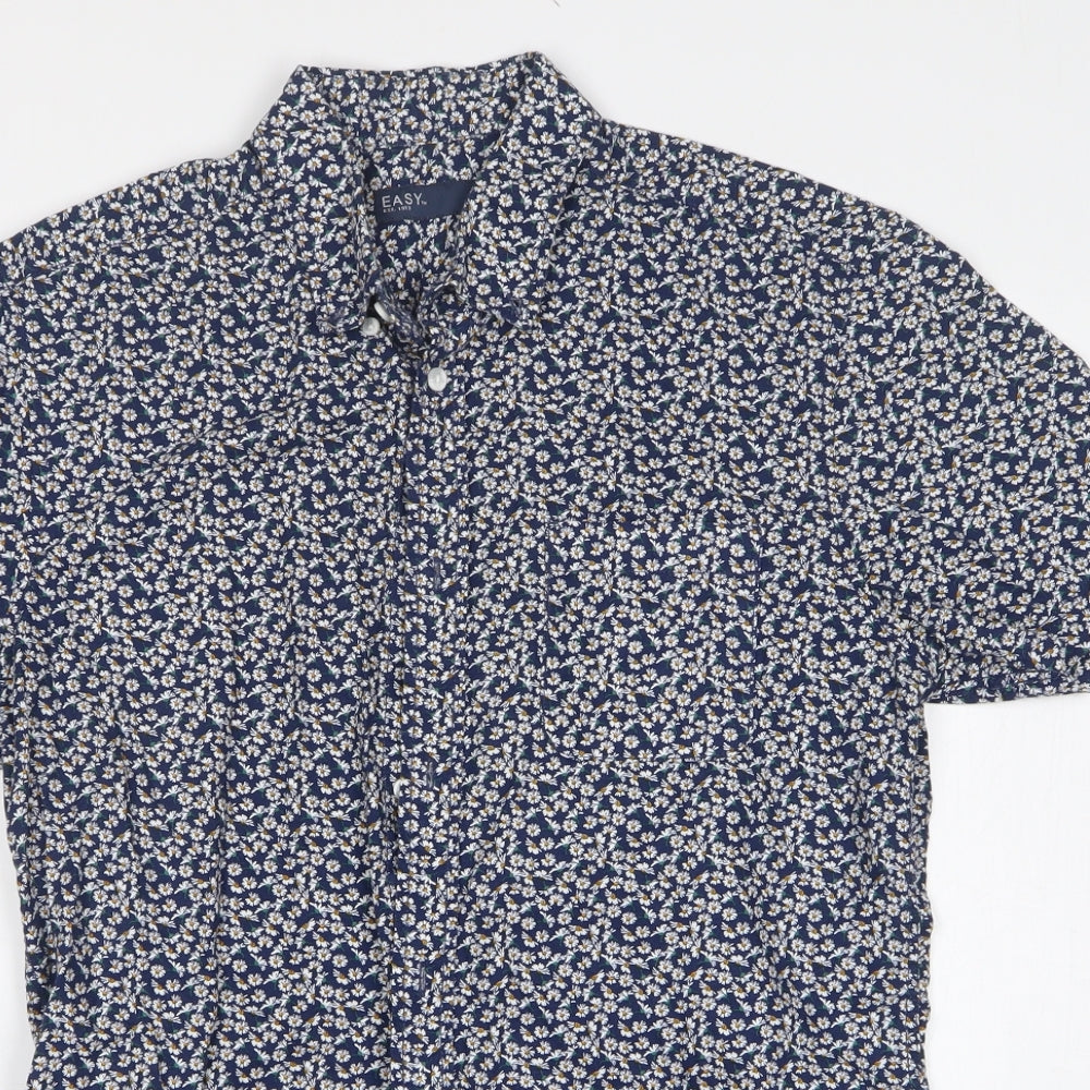 Easy Mens Blue Floral Cotton Button-Up Size S Collared Button