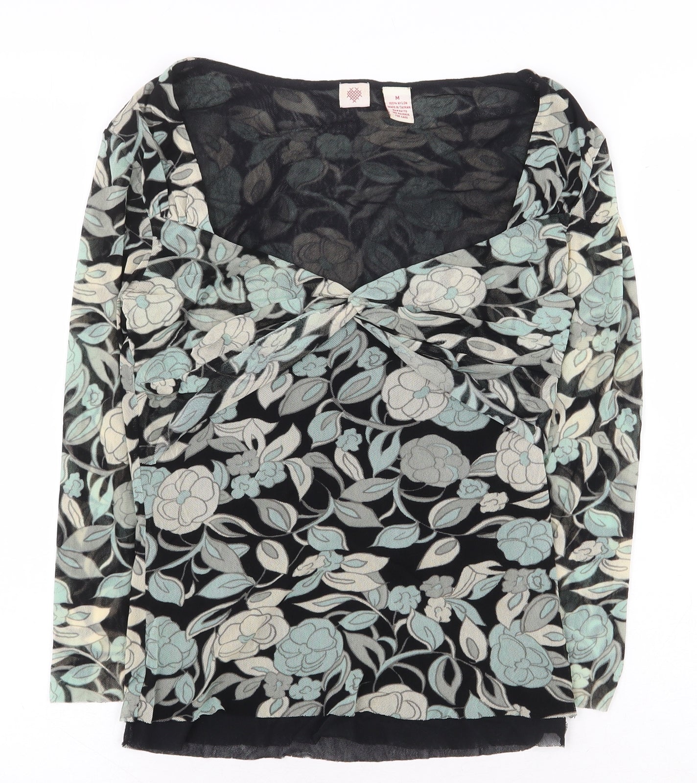 Preworn Womens Green Floral Nylon Basic Blouse Size M V-Neck