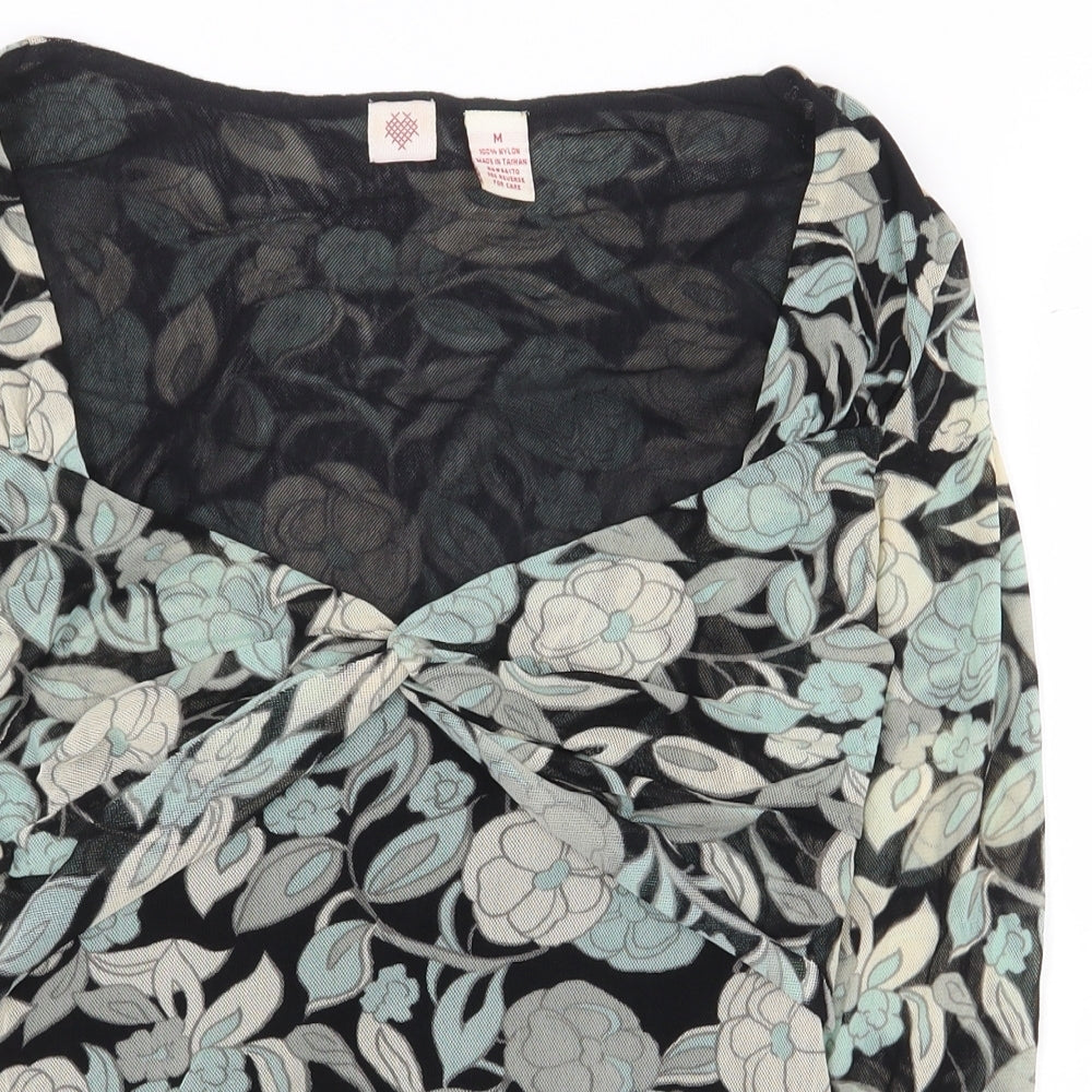 Preworn Womens Green Floral Nylon Basic Blouse Size M V-Neck