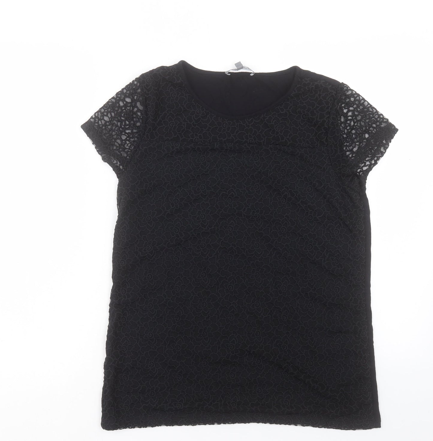 Laura Ahsley Womens Black Polyester Basic T-Shirt Size 14 Crew Neck