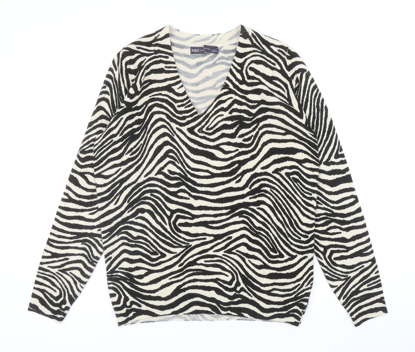 Marks and Spencer Womens Black V-Neck Animal Print Acrylic Pullover Jumper Size S - Zebra Print