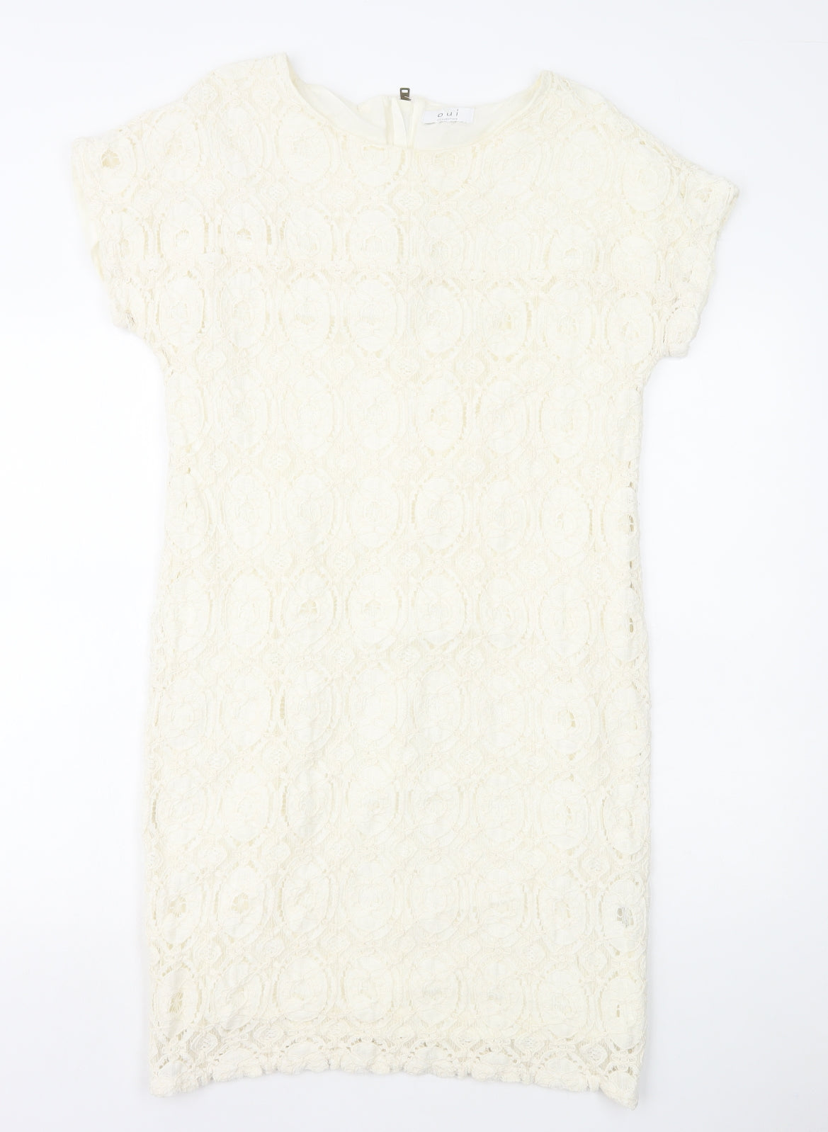 Oui Womens White Geometric Polyamide Shift Size 12 Round Neck Zip - Lace Overlay