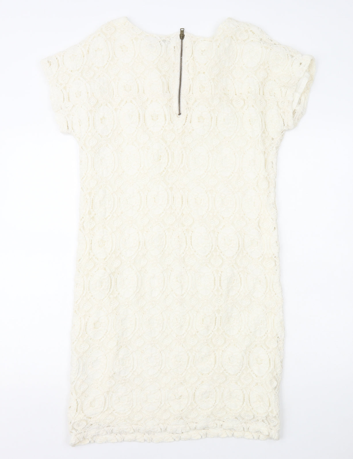 Oui Womens White Geometric Polyamide Shift Size 12 Round Neck Zip - Lace Overlay